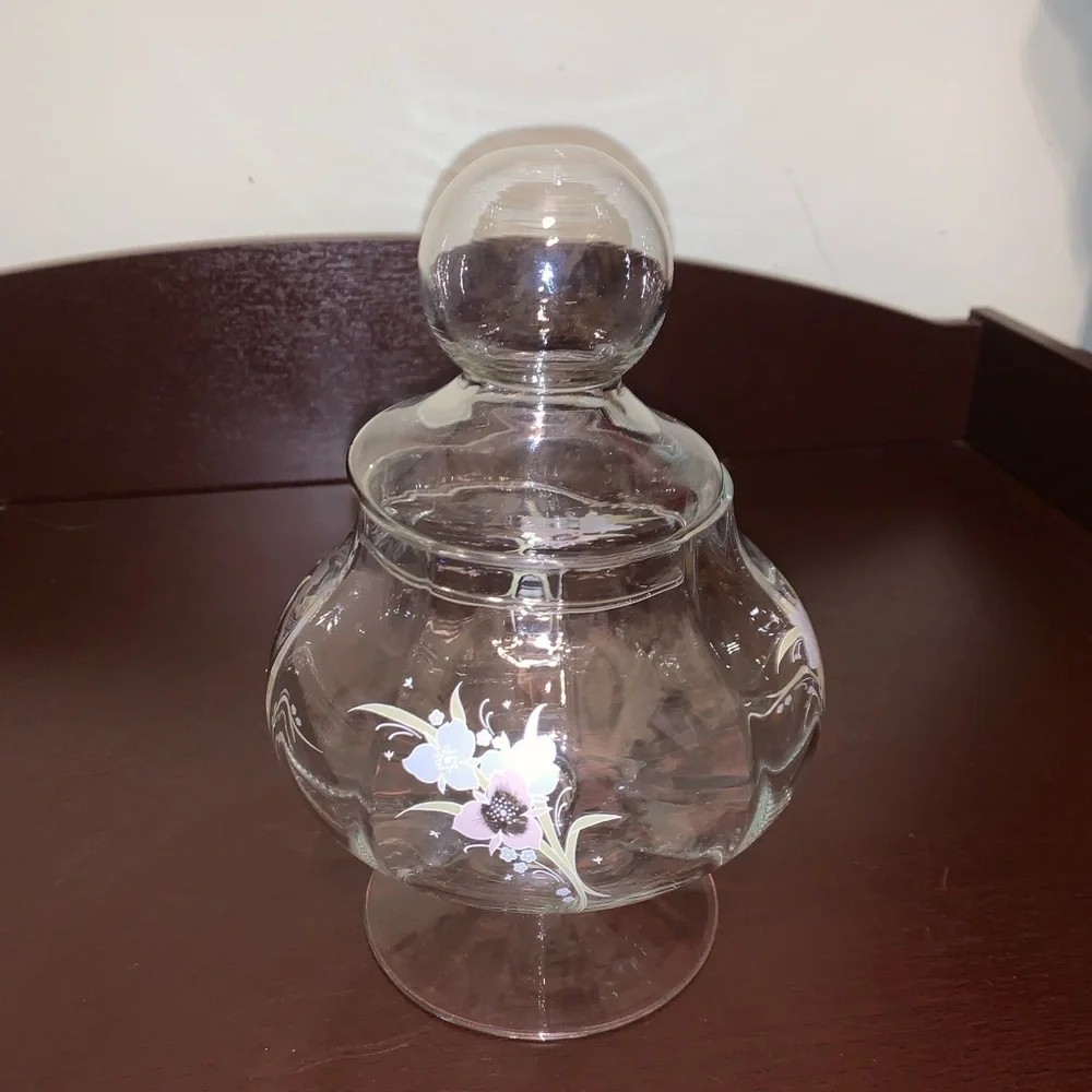 Vintage Pastel Floral Clear Glass Apothecary Pedestal Jar Round Bubble Potbelly